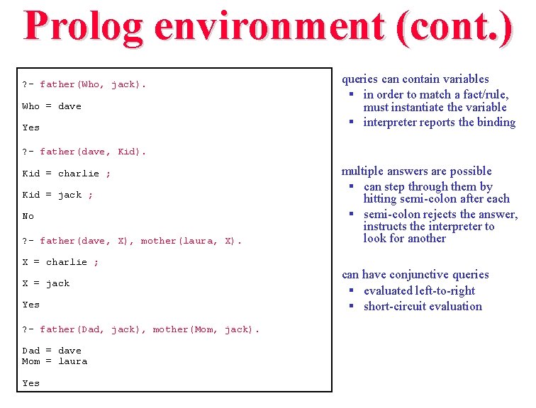 Prolog environment (cont. ) ? - father(Who, jack). Who = dave Yes queries can Prolog environment (cont. ) ? - father(Who, jack). Who = dave Yes queries can