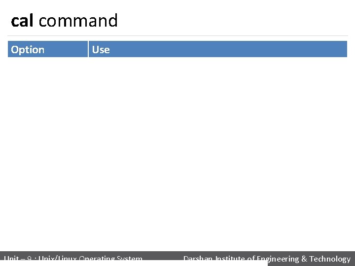 cal command Option Use cal –y Display a calendar for the whole year cal