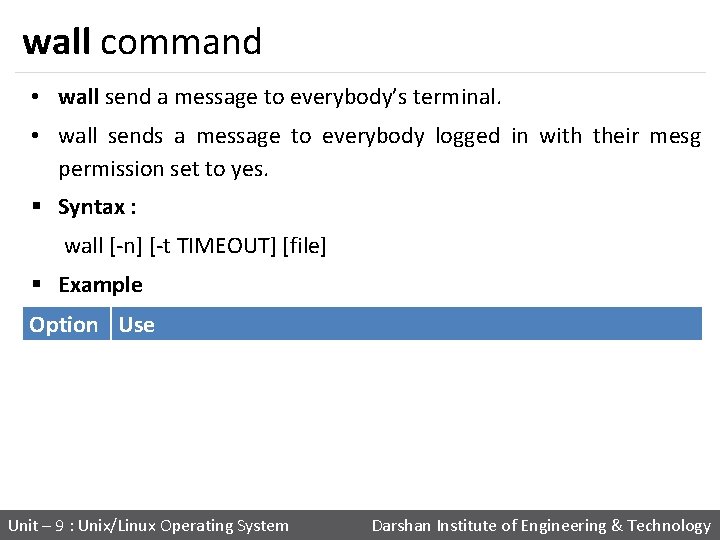 wall command • wall send a message to everybody’s terminal. • wall sends a