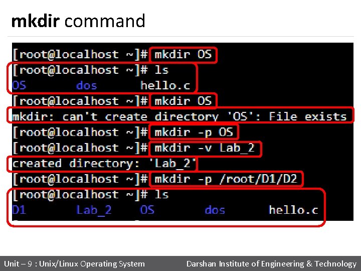mkdir command Unit – 9 : Unix/Linux Operating System Darshan Institute of Engineering &