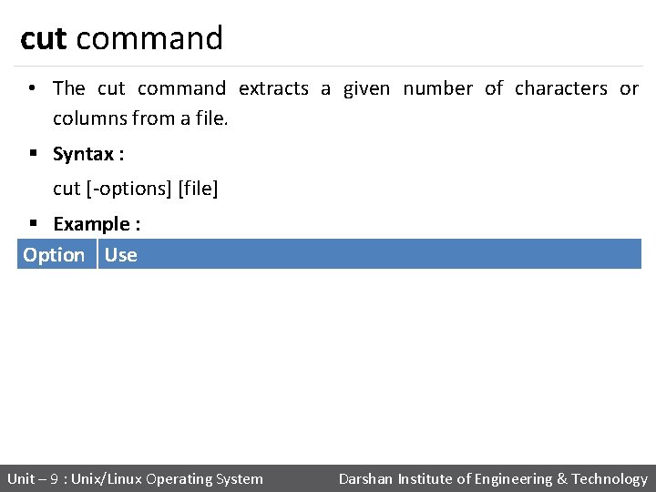 cut command • The cut command extracts a given number of characters or columns