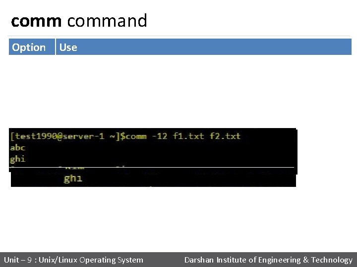 command Option Use comm -1 Suppress column 1 (lines unique to FILE 1) comm