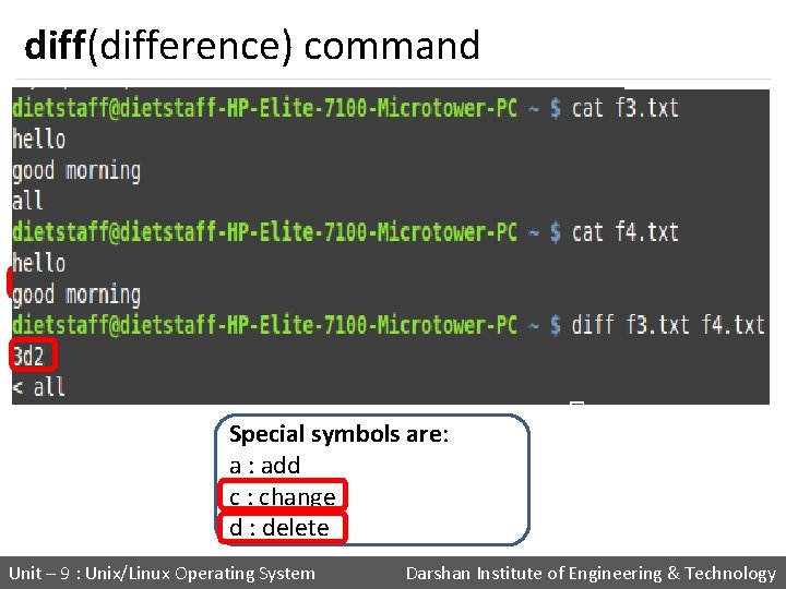 diff(difference) command Special symbols are: a : add c : change d : delete