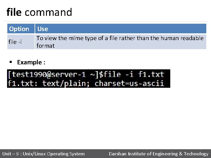 file command Option Use file -i To view the mime type of a file