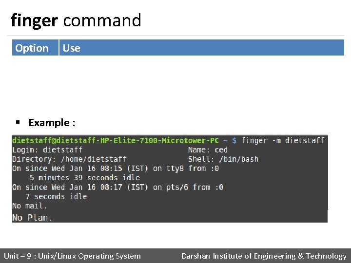 finger command Option Use finger -l Force long output format finger -m Match arguments