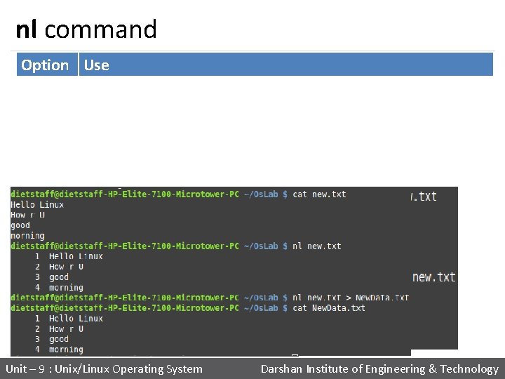 nl command Option Use nl -i Line number increment at each line nl -s