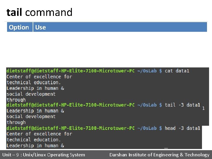 tail command Option Use tail -n Output the last num lines, instead of the