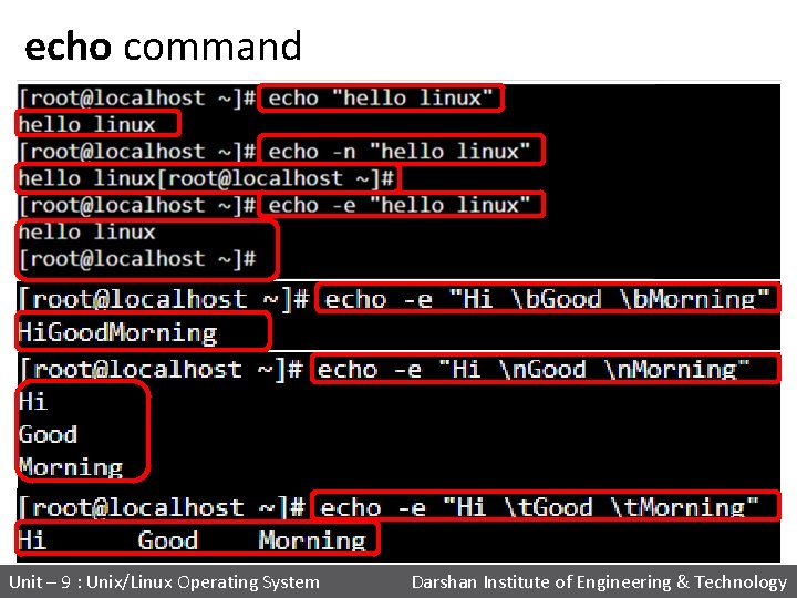 echo command Unit – 9 : Unix/Linux Operating System Darshan Institute of Engineering &
