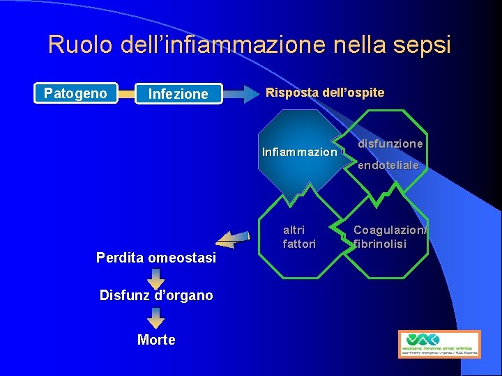 Ruolo dell’infiammazione nella sepsi Patogeno Infezione Risposta dell’ospite Infiammazion Perdita omeostasi Disfunz d’organo Morte