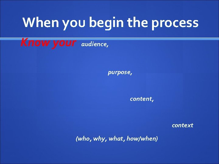 When you begin the process Know your audience, purpose, content, context (who, why, what,