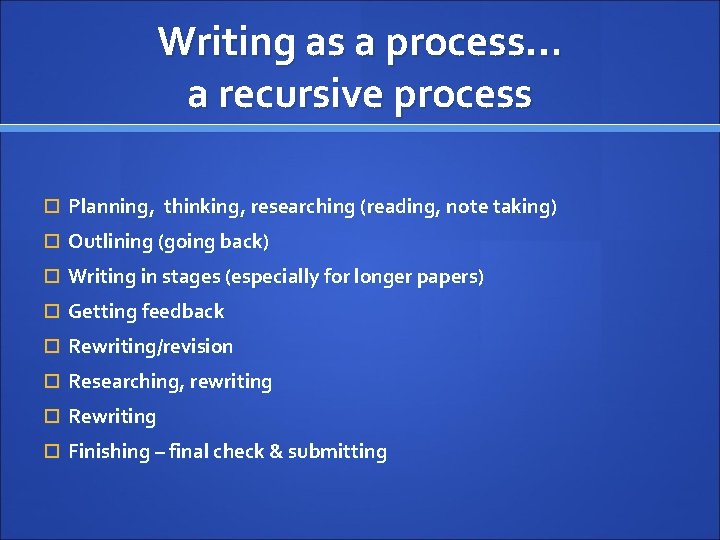 Writing as a process… a recursive process Planning, thinking, researching (reading, note taking) Outlining