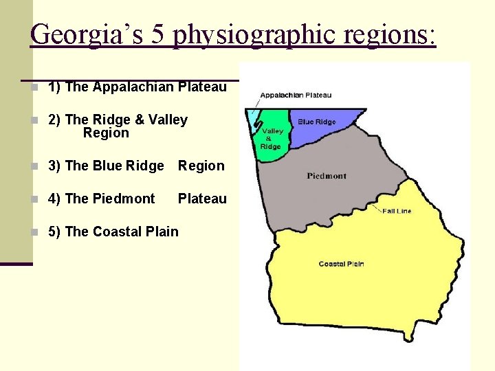 Georgia’s 5 physiographic regions: n 1) The Appalachian Plateau n 2) The Ridge &