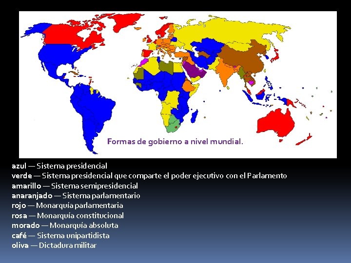 Formas de gobierno a nivel mundial. azul — Sistema presidencial verde — Sistema presidencial