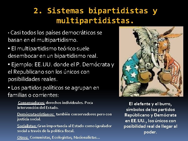 2. Sistemas bipartidistas y multipartidistas. • Casi todos los países democráticos se basan en