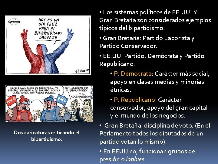 Dos caricaturas criticando el bipartidismo. • Los sistemas políticos de EE. UU. Y Gran