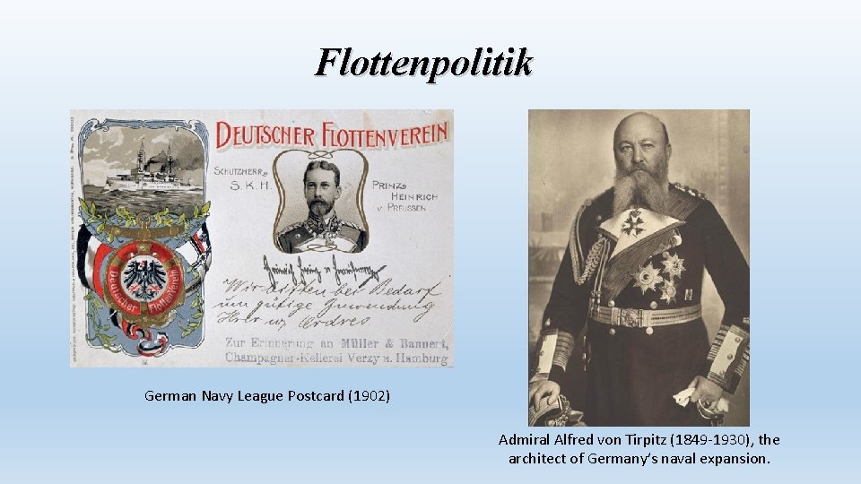 Flottenpolitik German Navy League Postcard (1902) Admiral Alfred von Tirpitz (1849 -1930), the architect