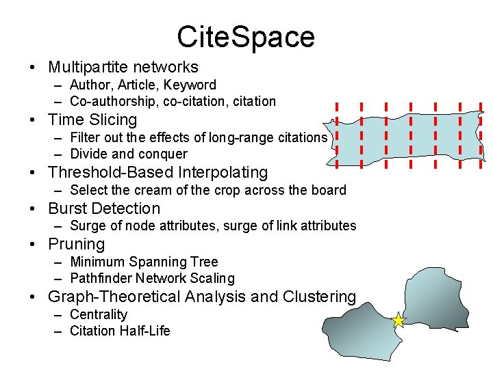 Cite. Space • Multipartite networks – Author, Article, Keyword – Co-authorship, co-citation, citation •