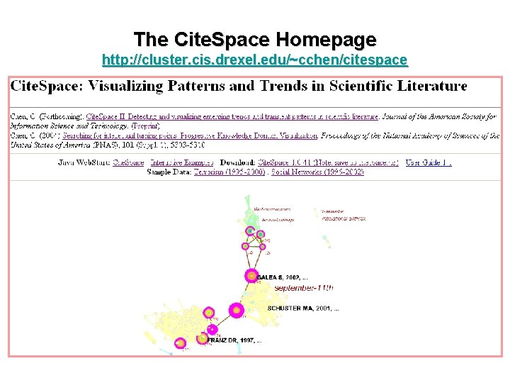 The Cite. Space Homepage http: //cluster. cis. drexel. edu/~cchen/citespace 