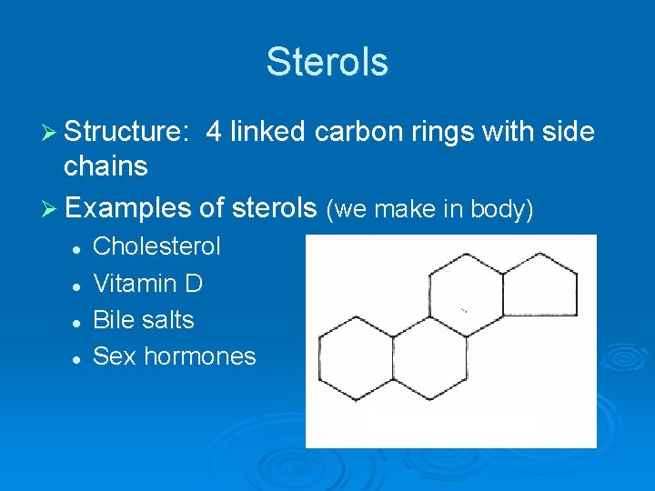 Sterols Ø Structure: 4 linked carbon rings with side chains Ø Examples of sterols