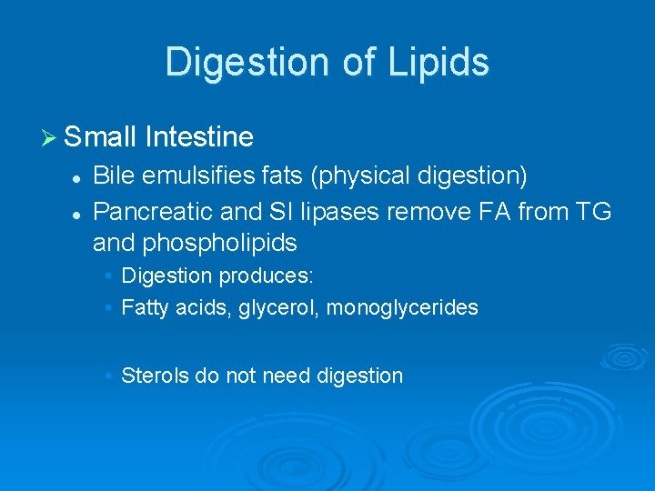 Digestion of Lipids Ø Small Intestine l l Bile emulsifies fats (physical digestion) Pancreatic