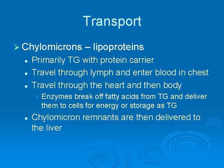 Transport Ø Chylomicrons – lipoproteins l l l Primarily TG with protein carrier Travel