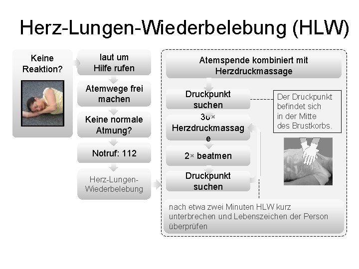 Herz-Lungen-Wiederbelebung (HLW) Keine Reaktion? laut um Hilfe rufen Atemwege frei machen Keine normale Atmung? Herz-Lungen-Wiederbelebung (HLW) Keine Reaktion? laut um Hilfe rufen Atemwege frei machen Keine normale Atmung?