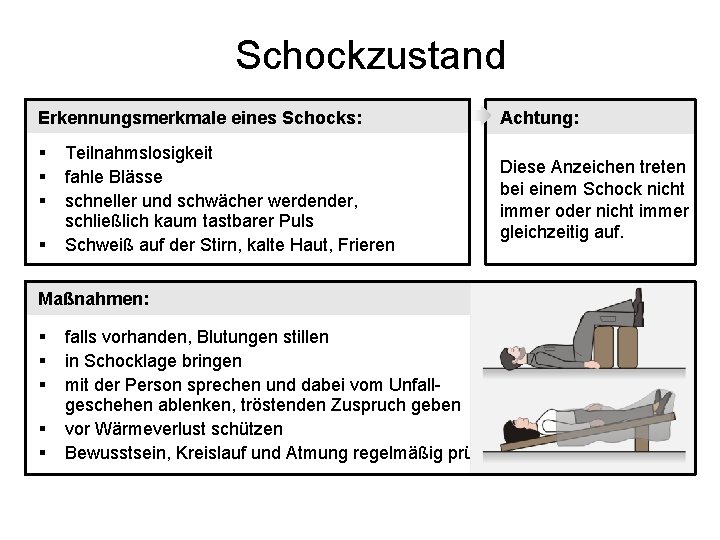 Schockzustand Erkennungsmerkmale eines Schocks: § § Teilnahmslosigkeit fahle Blässe schneller und schwächer werdender, schließlich Schockzustand Erkennungsmerkmale eines Schocks: § § Teilnahmslosigkeit fahle Blässe schneller und schwächer werdender, schließlich