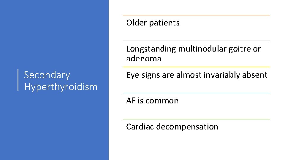 Older patients Longstanding multinodular goitre or adenoma Secondary Hyperthyroidism Eye signs are almost invariably
