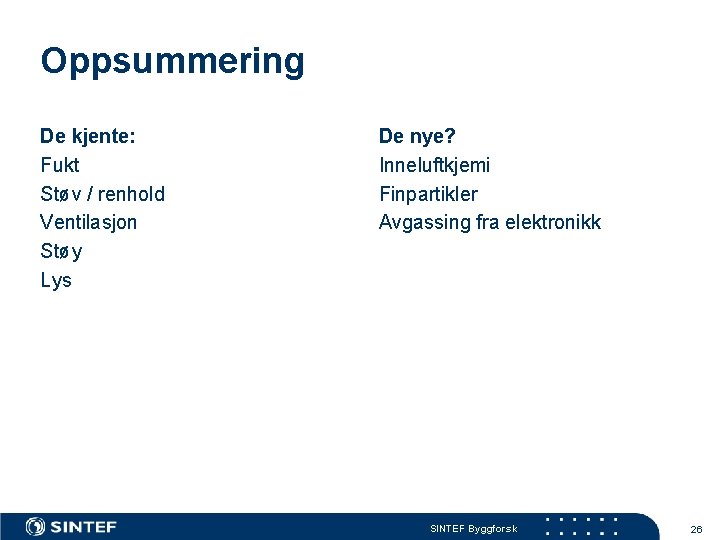 Oppsummering De kjente: Fukt Støv / renhold Ventilasjon Støy Lys De nye? Inneluftkjemi Finpartikler