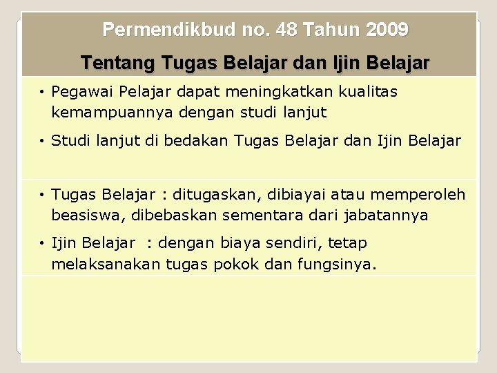 Permendikbud no. 48 Tahun 2009 Tentang Tugas Belajar dan Ijin Belajar • Pegawai Pelajar