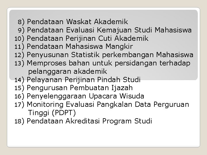 8) 9) 10) 11) 12) 13) 14) 15) 16) 17) 18) Pendataan Waskat Akademik