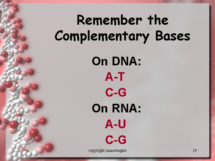 Remember the Complementary Bases On DNA: A-T C-G On RNA: A-U C-G copyright cmassengale