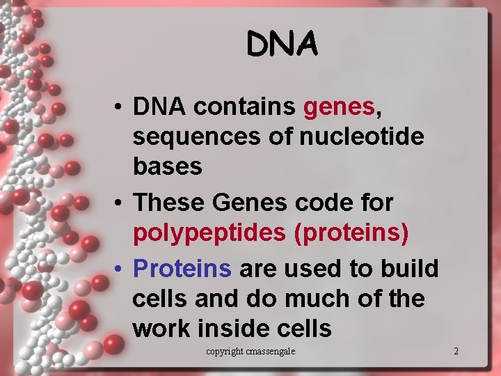 DNA • DNA contains genes, sequences of nucleotide bases • These Genes code for