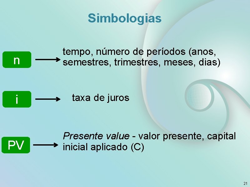 Simbologias n i PV tempo, número de períodos (anos, semestres, trimestres, meses, dias) taxa