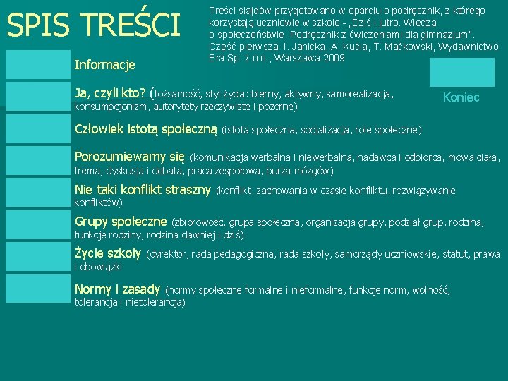 SPIS TREŚCI Informacje Treści slajdów przygotowano w oparciu o podręcznik, z którego korzystają uczniowie