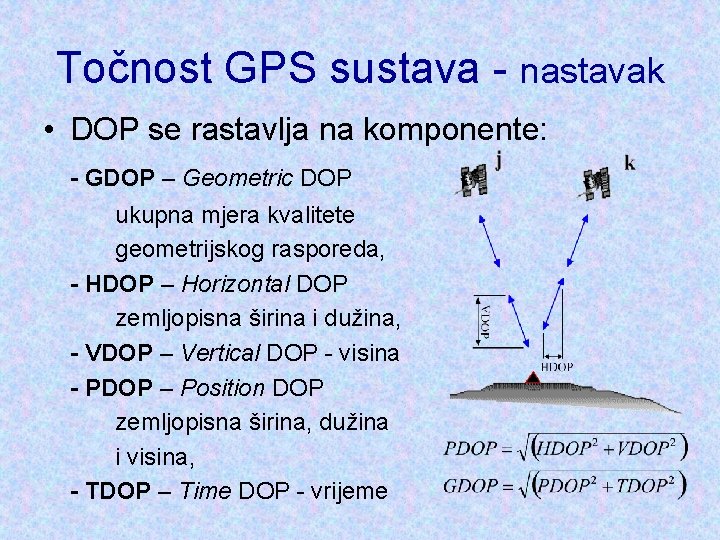 Točnost GPS sustava - nastavak • DOP se rastavlja na komponente: - GDOP –