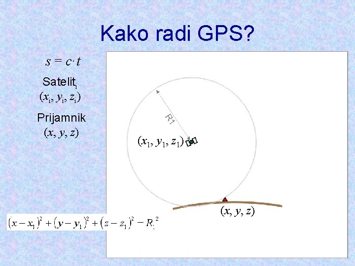 Kako radi GPS? s = c·t Sateliti (xi, yi, zi) Prijamnik (x, y, z)