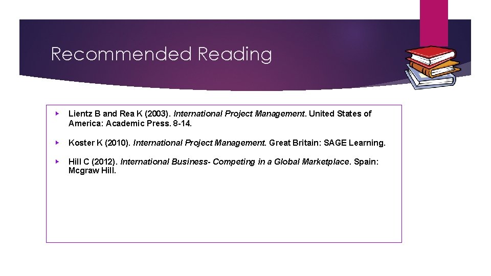 Recommended Reading ▶ Lientz B and Rea K (2003). International Project Management. United States