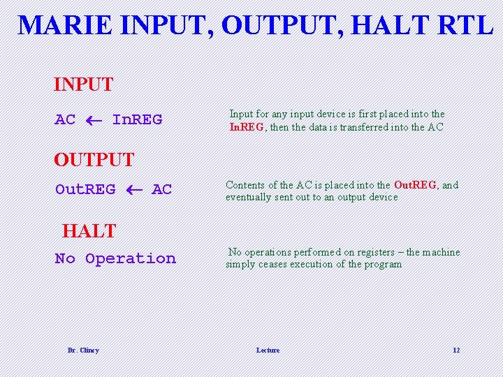 MARIE INPUT, OUTPUT, HALT RTL INPUT AC In. REG Input for any input device