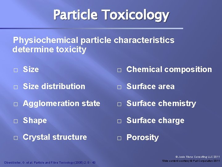 Particle Toxicology Physiochemical particle characteristics determine toxicity � Size � Chemical composition � Size