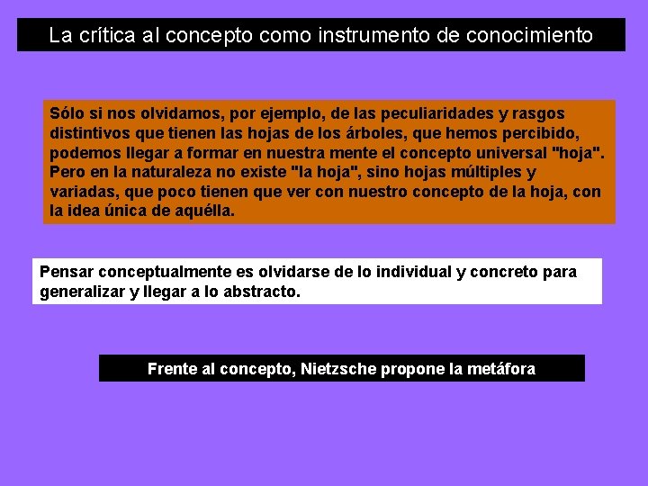 La crítica al concepto como instrumento de conocimiento Sólo si nos olvidamos, por ejemplo,