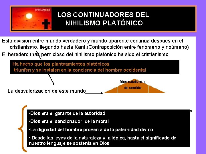LOS CONTINUADORES DEL NIHILISMO PLATÓNICO Esta división entre mundo verdadero y mundo aparente continúa