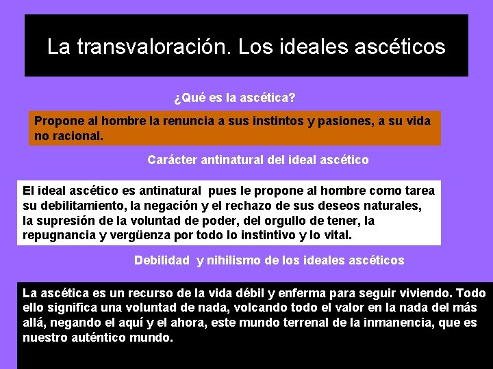 La transvaloración. Los ideales ascéticos ¿Qué es la ascética? Propone al hombre la renuncia