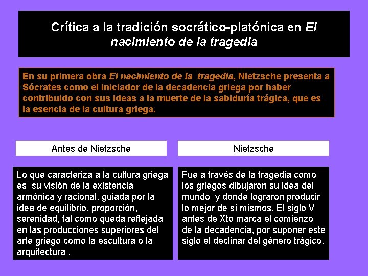 Crítica a la tradición socrático-platónica en El nacimiento de la tragedia En su primera