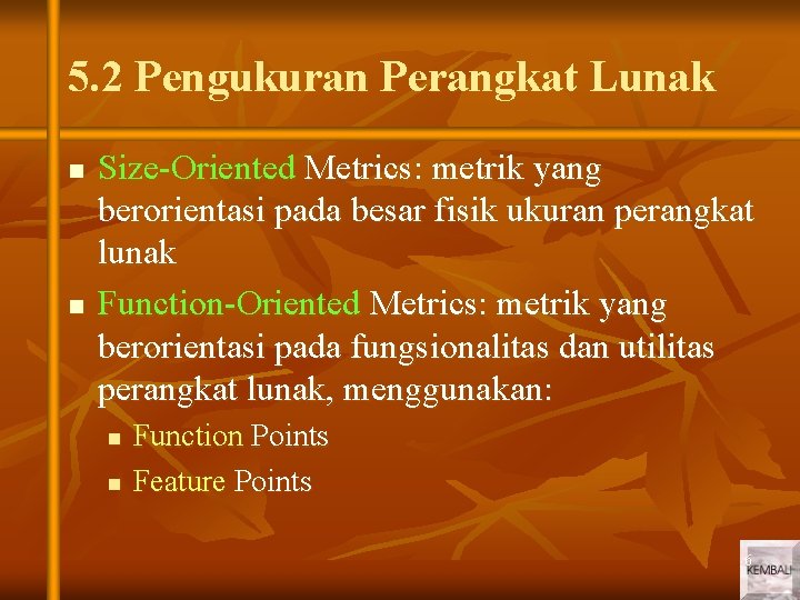 5. 2 Pengukuran Perangkat Lunak n n Size-Oriented Metrics: metrik yang berorientasi pada besar