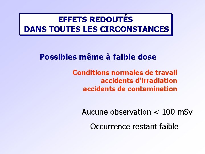 EFFETS REDOUTÉS DANS TOUTES LES CIRCONSTANCES Possibles même à faible dose Conditions normales de