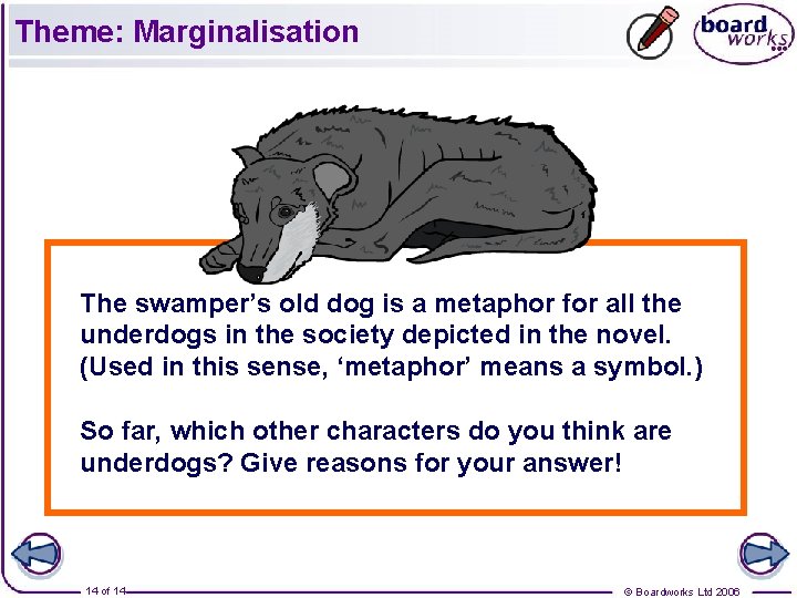 Theme: Marginalisation The swamper’s old dog is a metaphor for all the underdogs in