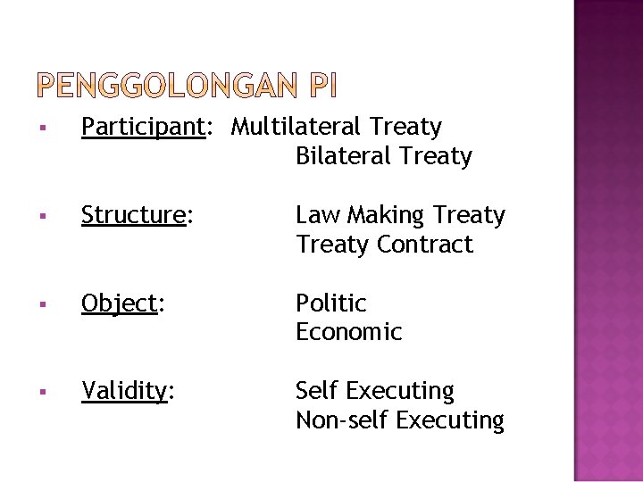 § Participant: Multilateral Treaty Bilateral Treaty § Structure: Law Making Treaty Contract § Object: