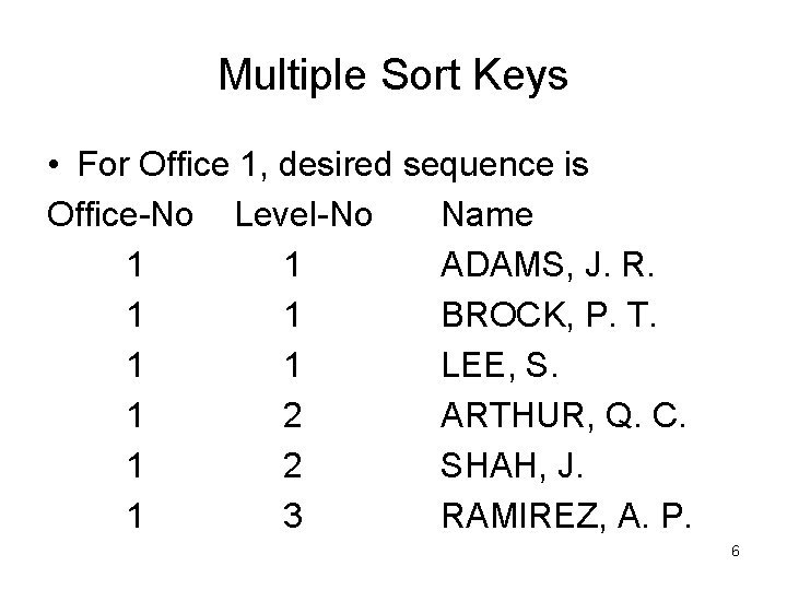 Multiple Sort Keys • For Office 1, desired sequence is Office-No Level-No Name 1