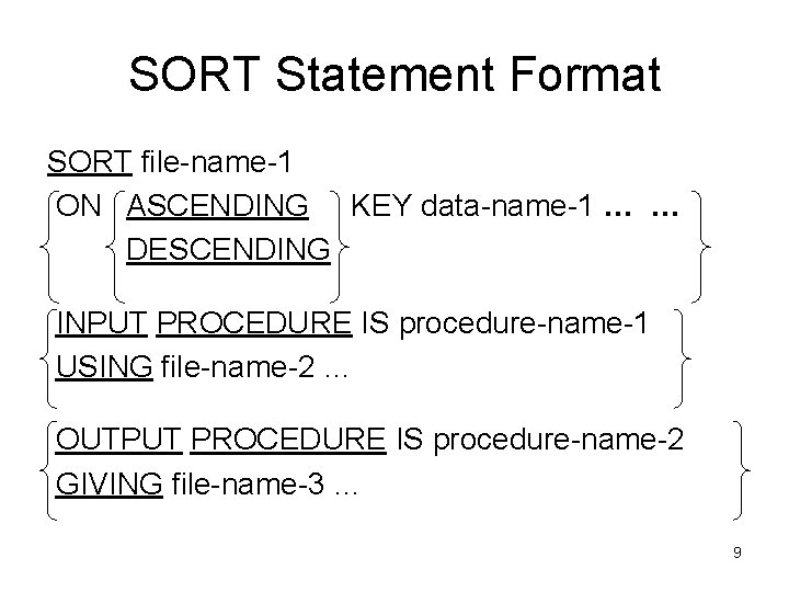 SORT Statement Format SORT file-name-1 ON ASCENDING KEY data-name-1 … … DESCENDING INPUT PROCEDURE